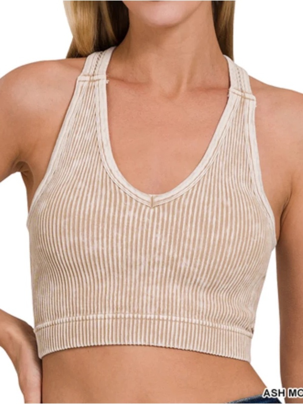 NWT Zenana Ribbed, Cropped Stone Washed V Neck, Padded Tank Top, Ash Mo S/M L/XL